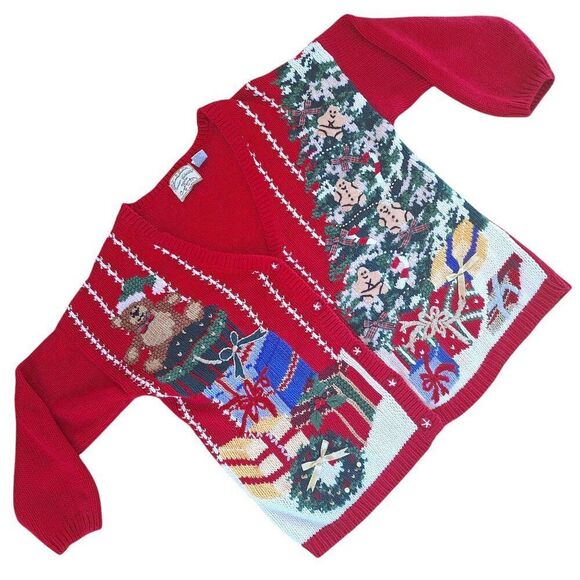 Heirloom Collectibles PL Vintage Christmas Sweater Cardigan Bears School Teacher - Picture 2 of 16